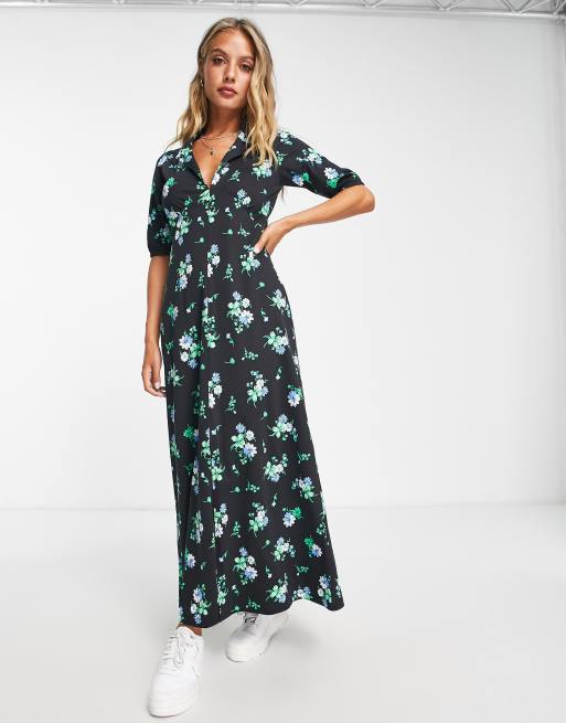 ASOS DESIGN - Ultieme nette midi-jurk in zwart met fijne blauwe  bloemenprint | ASOS