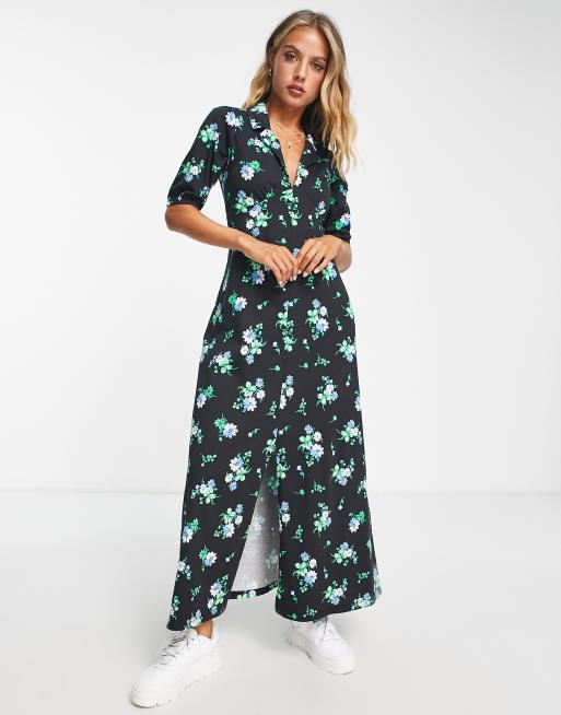 ASOS DESIGN - Ultieme nette midi-jurk in zwart met fijne blauwe  bloemenprint | ASOS