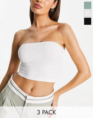 ASOS DESIGN ultimate bandeau crop top 3 pack - Black, White & Khaki