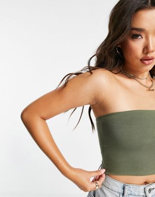 ASOS DESIGN ultimate bandeau crop top in cotton in khaki - MGREEN
