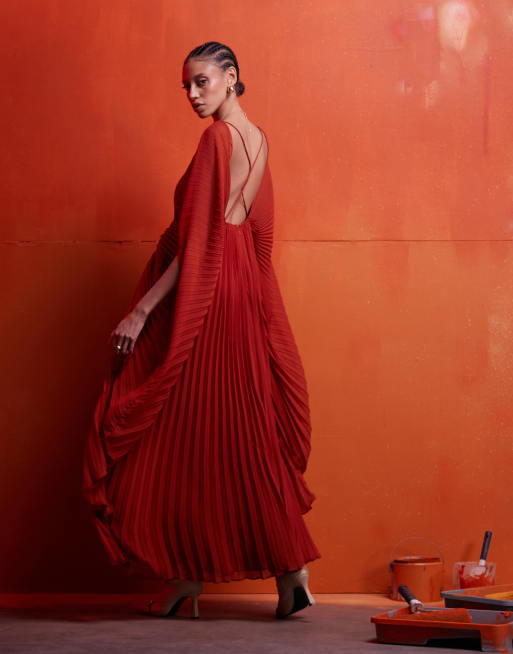 ASOS DESIGN ultimate blouson sleeve pleated maxi dress with deep V & twist back in rust, 3 of 4