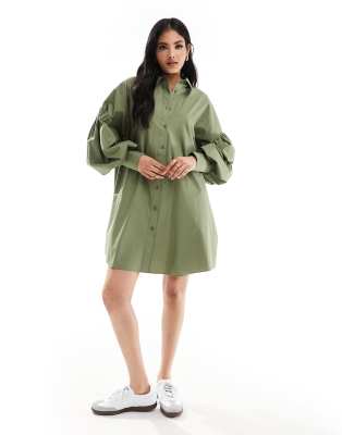 ASOS DESIGN ultimate boyfriend mini shirt dress with volume sleeve in khaki