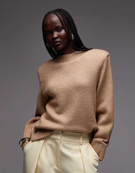 ASOS DESIGN – Ultimate – Brun, stickad tröja med axelvaddar - view 1