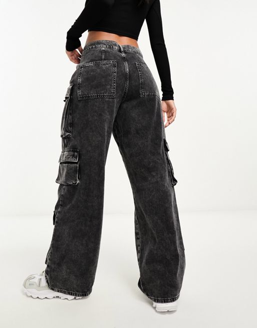 DTT Plus Blaze wide leg cargo jeans with chain in black, ASOS