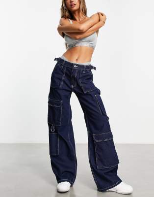 Women Blue Contrast Stitch Cargo Jeans
