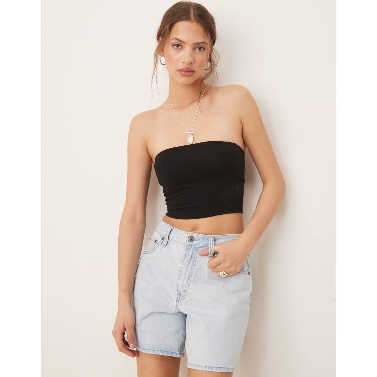 Black Ribbed Micro Bandeau Top, Tops