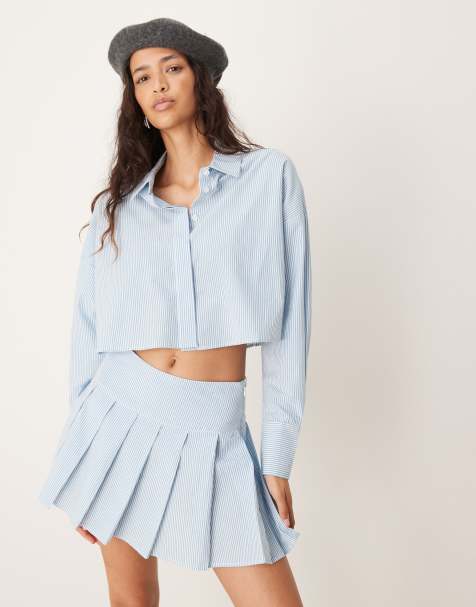 ASOS DESIGN ultimate cropped shirt in blue & white stripe - part of a set - view 1
