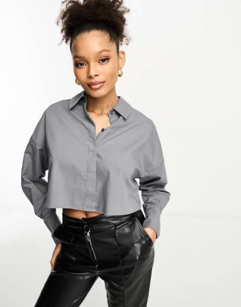 The Kript bandeau 90s crop top with button detail in grey