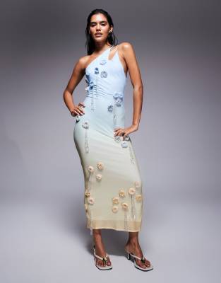 Asos Design Ultimate Embellished Crochet Maxi Dress With 3d Flowers In Blue