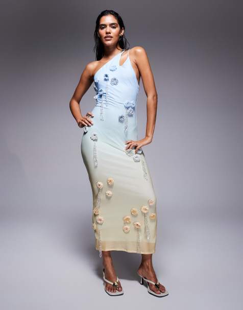 ASOS DESIGN ultimate embellished crochet maxi dress with 3D flowers in blue and lemon ombre - view 1