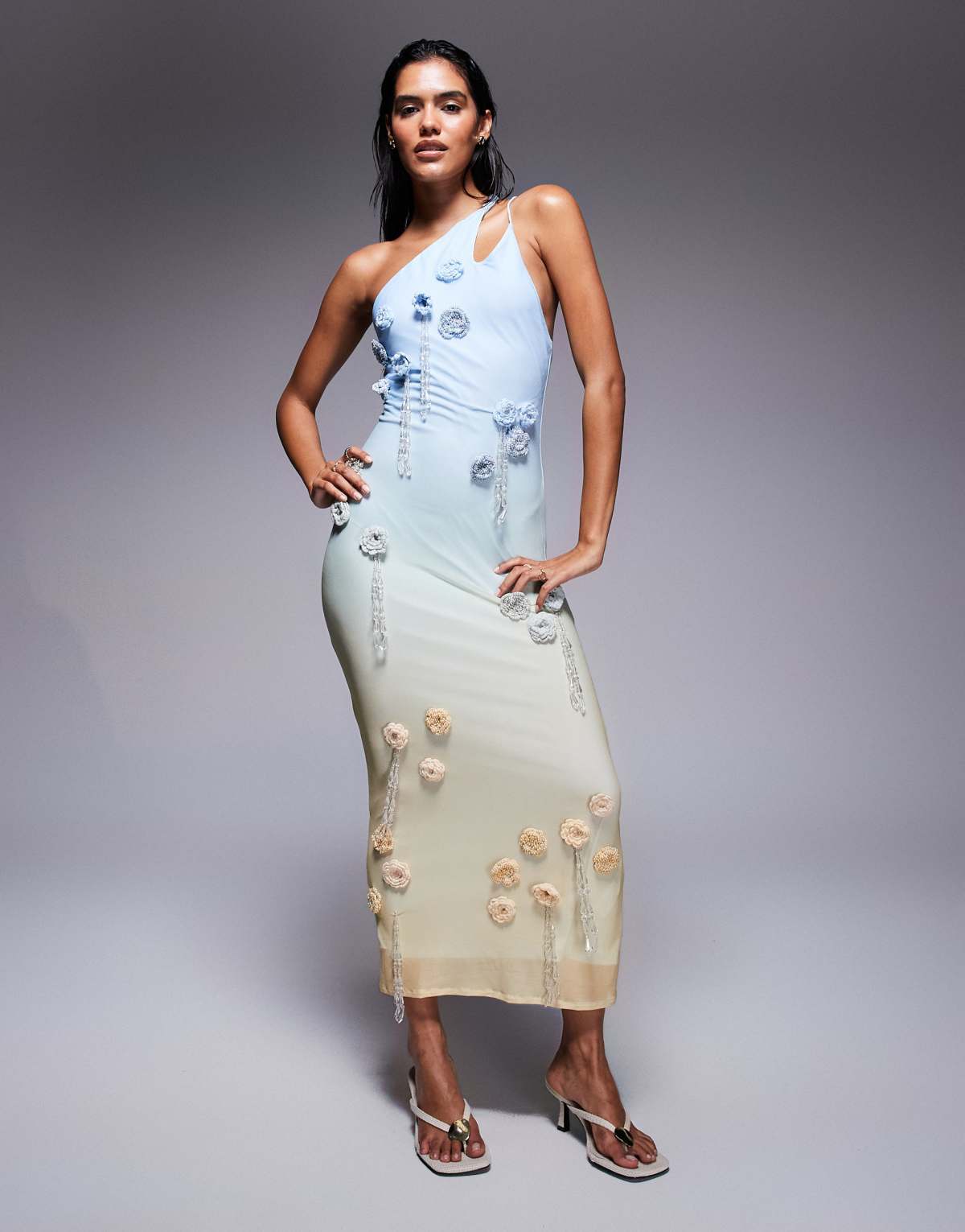 ASOS DESIGN ultimate embellished crochet maxi dress with 3d flowers in blue and lemon ombre