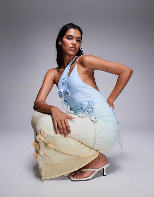 ASOS DESIGN ultimate embellished crochet maxi dress with 3D flowers in blue and lemon ombre