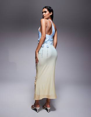 ASOS DESIGN ultimate embellished crochet maxi dress with 3D flowers in blue  and lemon ombre | ASOS