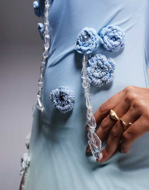 ASOS DESIGN ultimate embellished crochet maxi dress with 3D flowers in blue and lemon ombre
