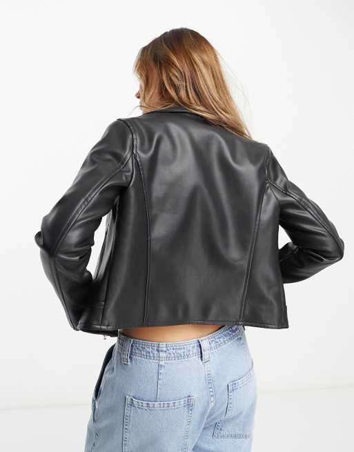 ASOS Design Faux Leather Biker Jacket Beige