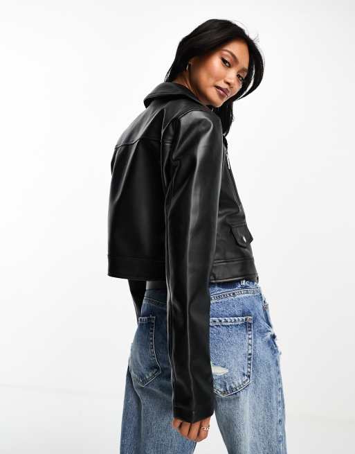 ASOS Cropped Leather Biker in Black, ASOS