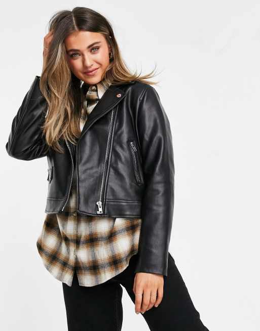 Womens black faux leather biker clearance jacket