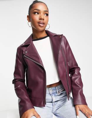 Maroon faux leather jacket best sale