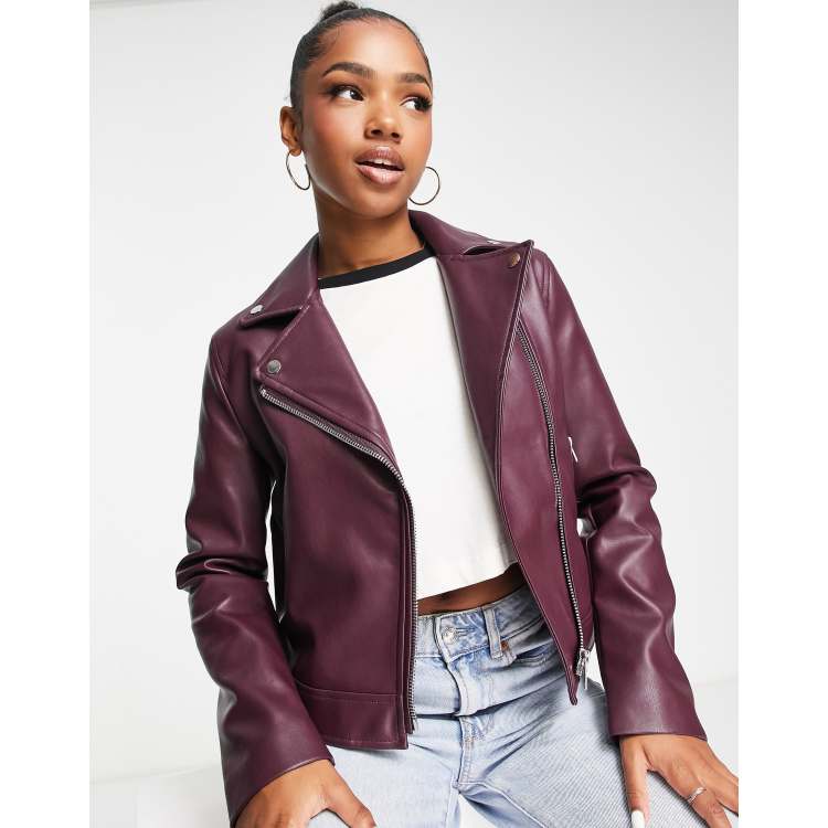 Burgundy biker jacket womens sale