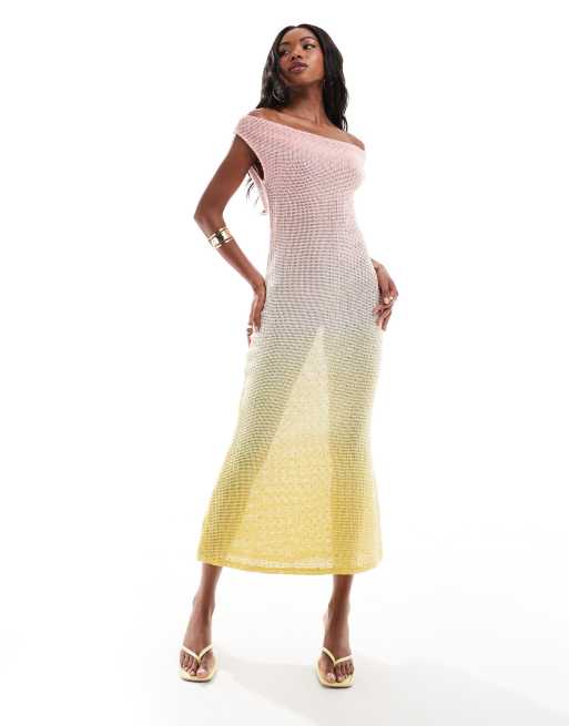 ASOS DESIGN Ultimate Gehaakte maxi jurk met versiering in roze en citroen met kleurverloop ASOS