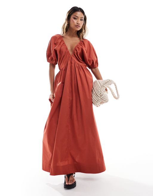 ASOS DESIGN – Ultimate – Midi-Hängerkleid in Rostrot mit Puffärmeln und V-Ausschnitt