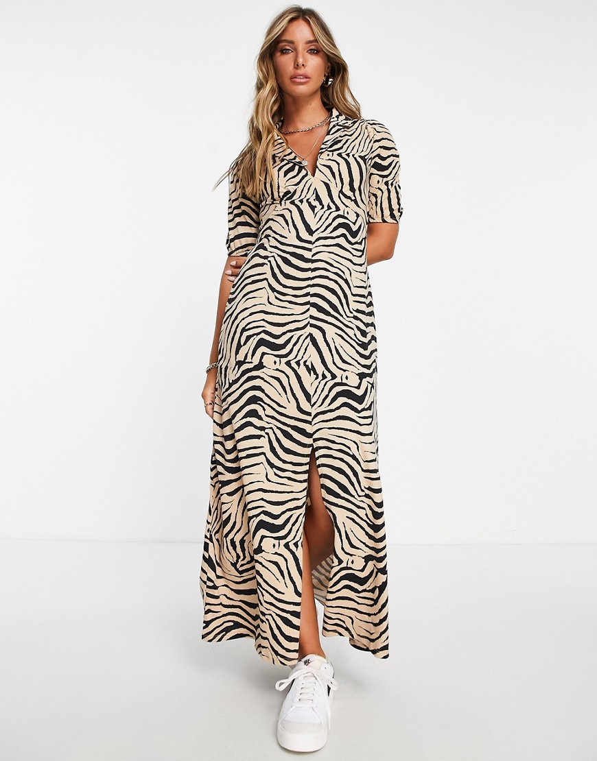 ASOS DESIGN ultimate midi tea dress in camel zebra print-Multi