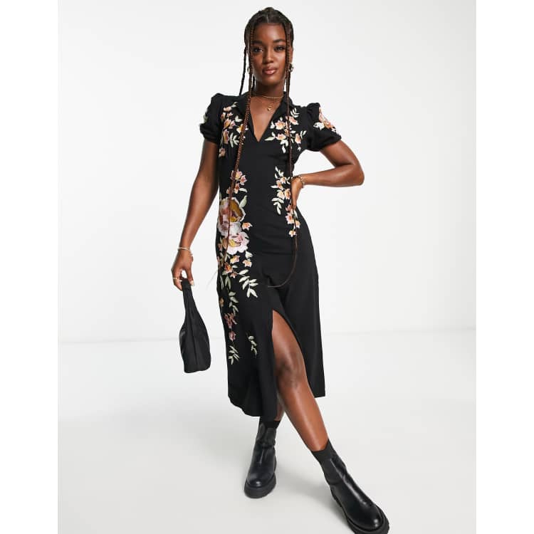 ASOS DESIGN ultimate midi tea dress with collar and floral embroidery in black