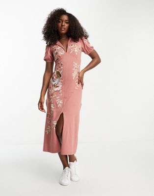 ASOS DESIGN ultimate midi tea dress with collar and floral embroidery in rose  - ASOS Price Checker