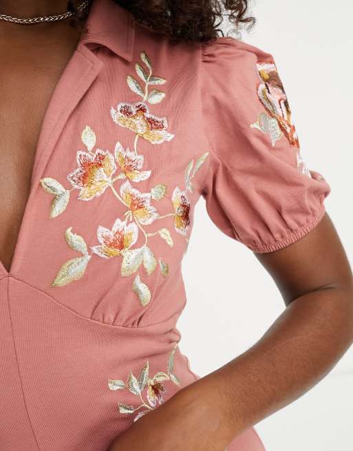 ASOS DESIGN ultimate midi tea dress with collar and floral embroidery in  rose