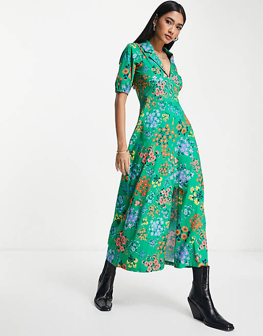 ASOS DESIGN ultimate midi tea dress with collar in green floral print ...