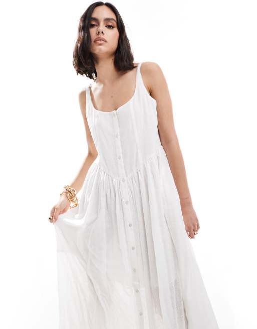 Long White Picnic Dress Secret Garden Long Sleeve Smocked Bodice Dress White