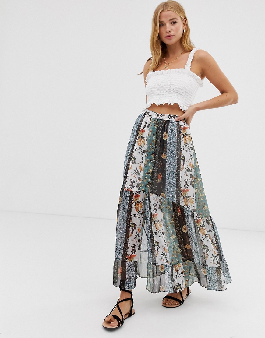 ASOS DESIGN – Ultimate prairie – Blommig kjol med knapp framtill-Flerfärgad