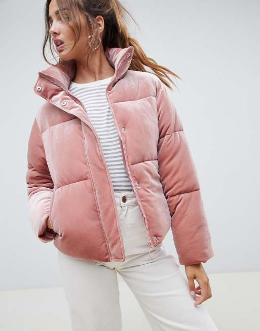 Pink velvet puffer on sale jacket