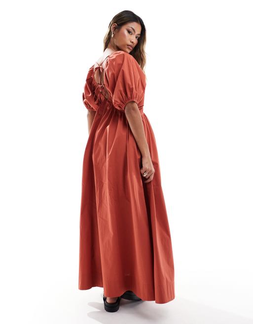 ASOS DESIGN - Ultimate - Robe babydoll mi-longue avec col V et manches bouffantes - Rouille, 3 de 4