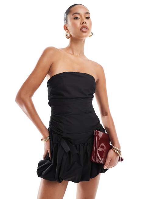 ASOS DESIGN ultimate bandeau mini puffball dress with bow skirt in black