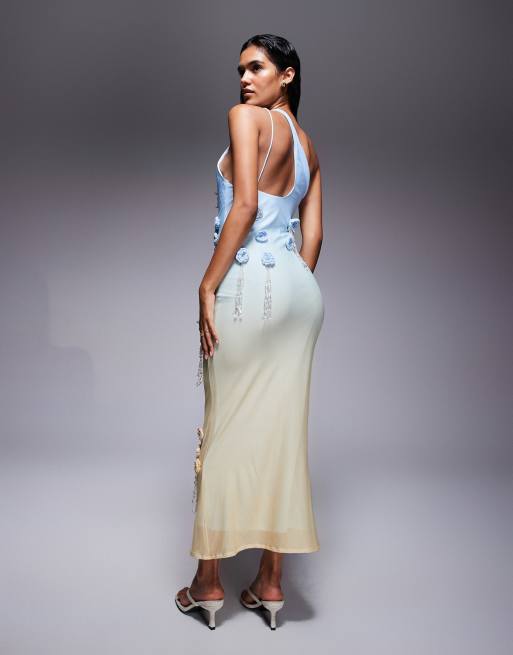 ASOS DESIGN - Ultimate - Robe longue ornée de crochet et de fleurs en 3D - Dégradé bleu et citron, 3 de 4