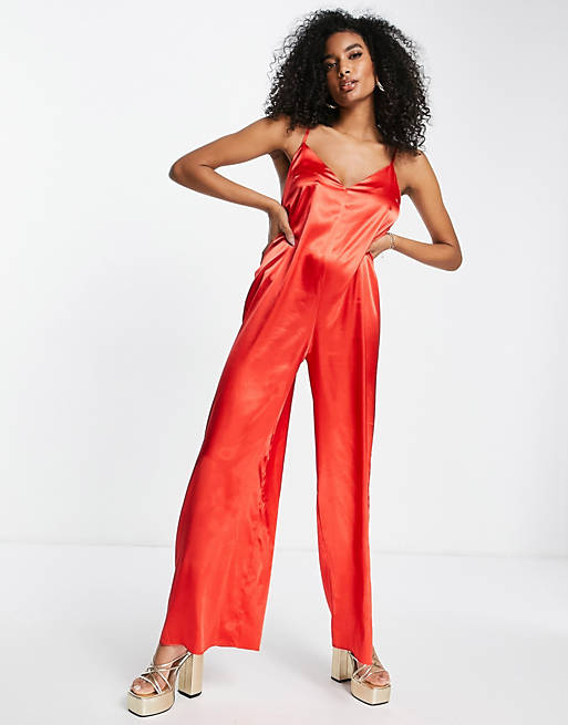 Women ultimate satin cami wide leg jumpsuit in red 
