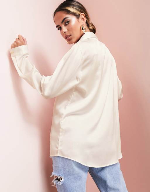 SATIN TOP WITH RUFFLES - Oyster-white