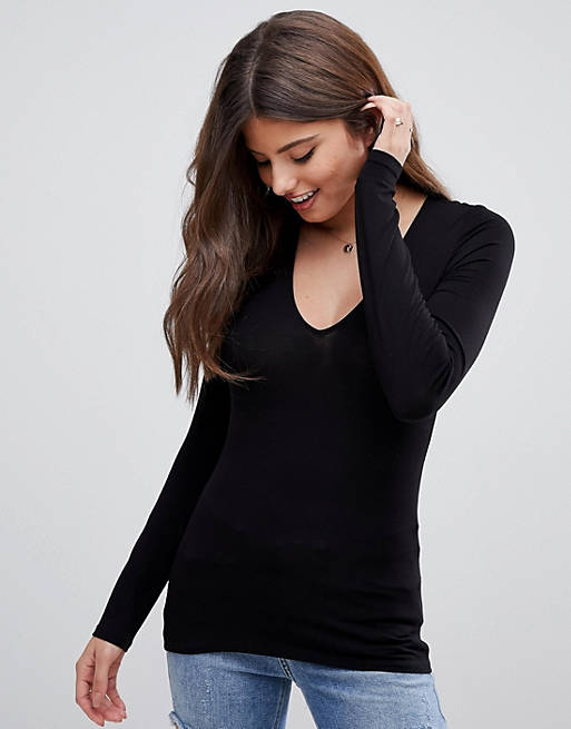 ASOS DESIGN ultimate top with long sleeve and v-neck in black