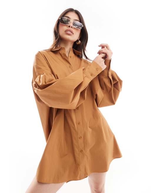 ASOS DESIGN - Ultimate - Vestito camicia boyfriend corto color cuoio con maniche voluminose