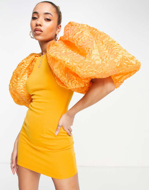 ASOS DESIGN ultra exaggerated puff sleeve mini body-conscious dress in gold  | ASOS