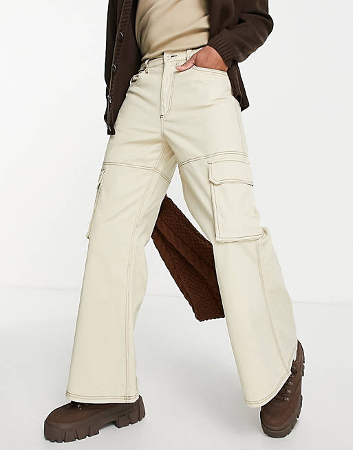 Ultra flare cargo pants in beige with contrast stitch Asos Men Clothing Pants Cargo Pants 