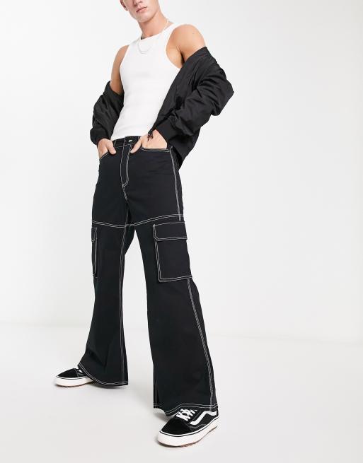 Elastic Waist Slim Flare Contrast Stitch Cargo Trouser