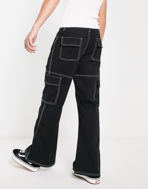 ASOS Wide Leg Pants With Contrast Stitch in Black