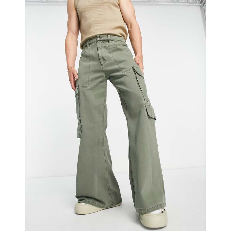 ASOS DESIGN ultra flare cargo pants in khaki sulphur wash