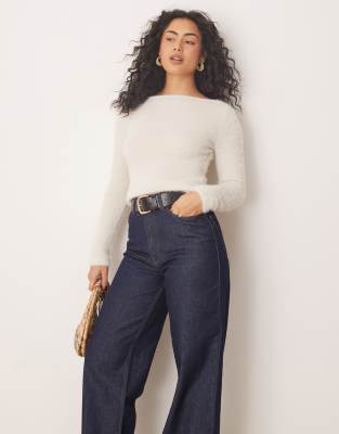 Asos Design Ultra Fluffy Slash Neck Top In Ivory-white