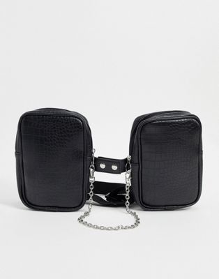 ASOS DESIGN – Umhängetasche mit Gurtzeug und Kettendetail aus schwarzem Kunstleder mit Kroko-Prägung