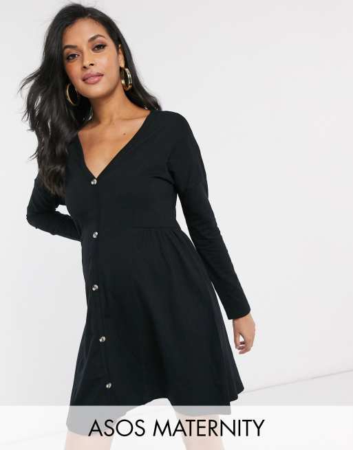 Asos Design Umstandsmode Schwarzes Kleid Mit Gesmokter Seite Und Knopfleiste Asos