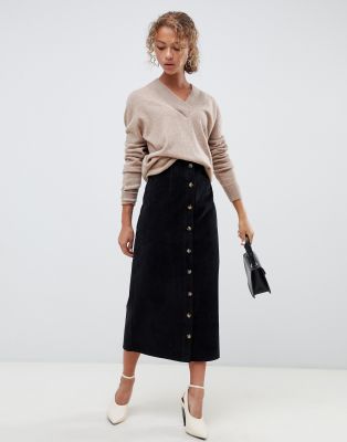 uncut cord button through midi skirt 