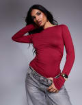 [ASOS DESIGN] ASOS DESIGN underbust detail ruched long sleeve top in berry-Red S Berry
